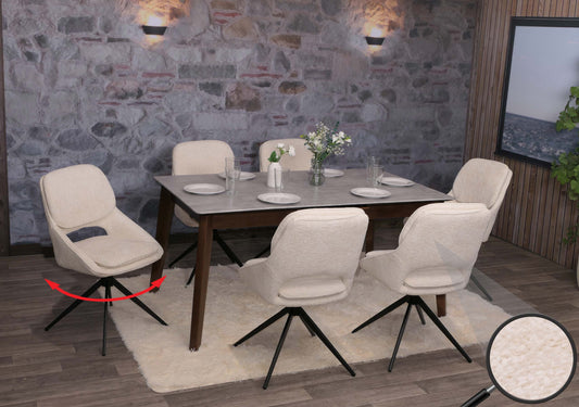 Cosmo Casa - Set van 6 Eetkamerstoelen - Keukenstoel - Draaibaar Auto-Return - Chenille Stof - Crème-Beige