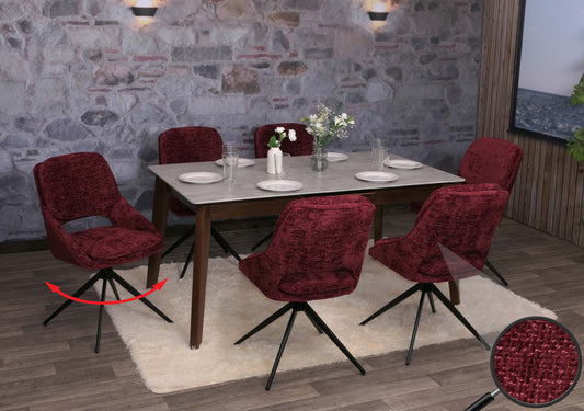 Cosmo Casa - Set van 6 Eetkamerstoelen - Keukenstoel - Draaibaar Auto-Return - Chenille Stof - Bordeaux