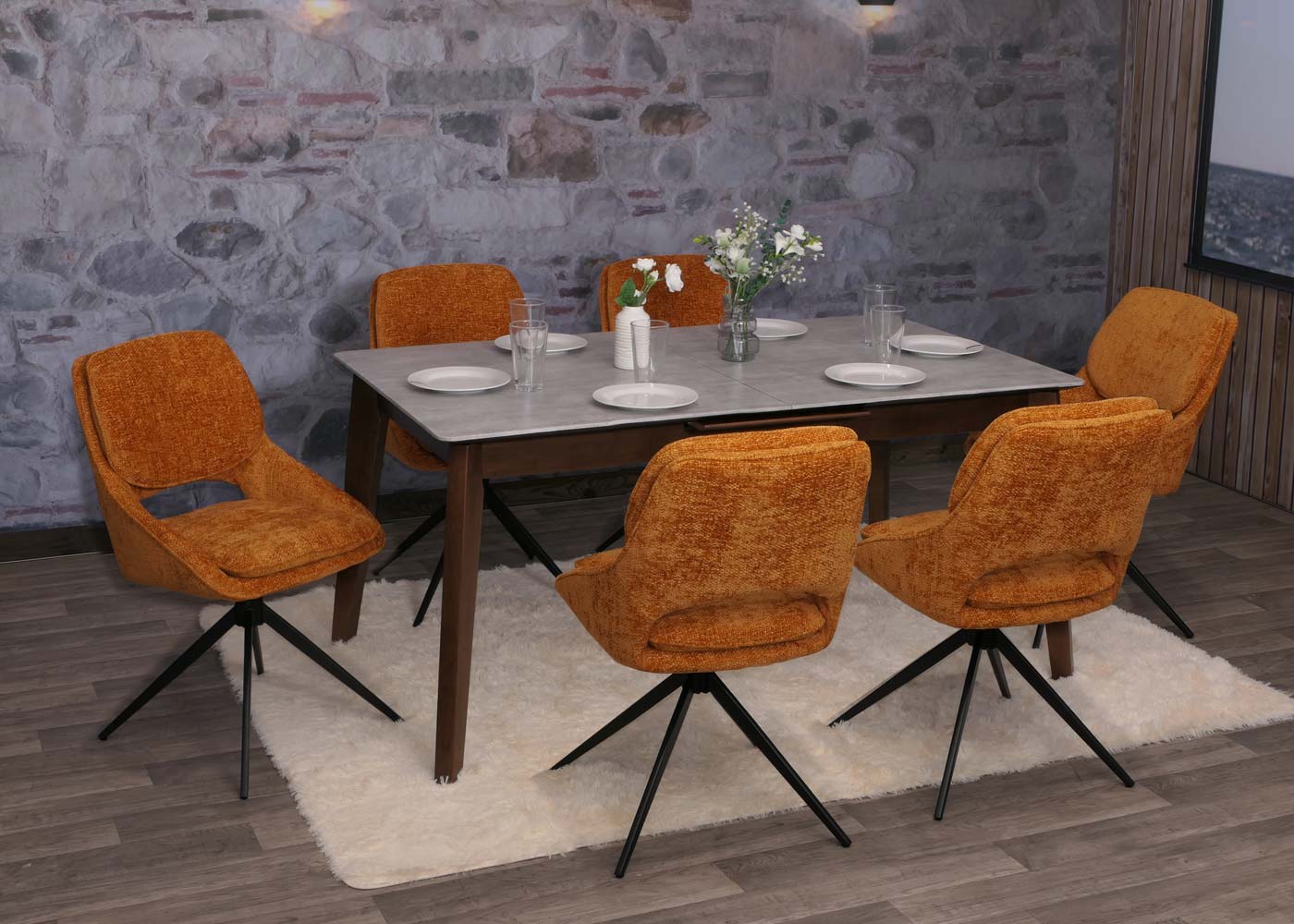 Cosmo Casa - Set van 6 Eetkamerstoelen - Keukenstoel - Draaibaar Auto-Return - Chenille Stof - Okergeel