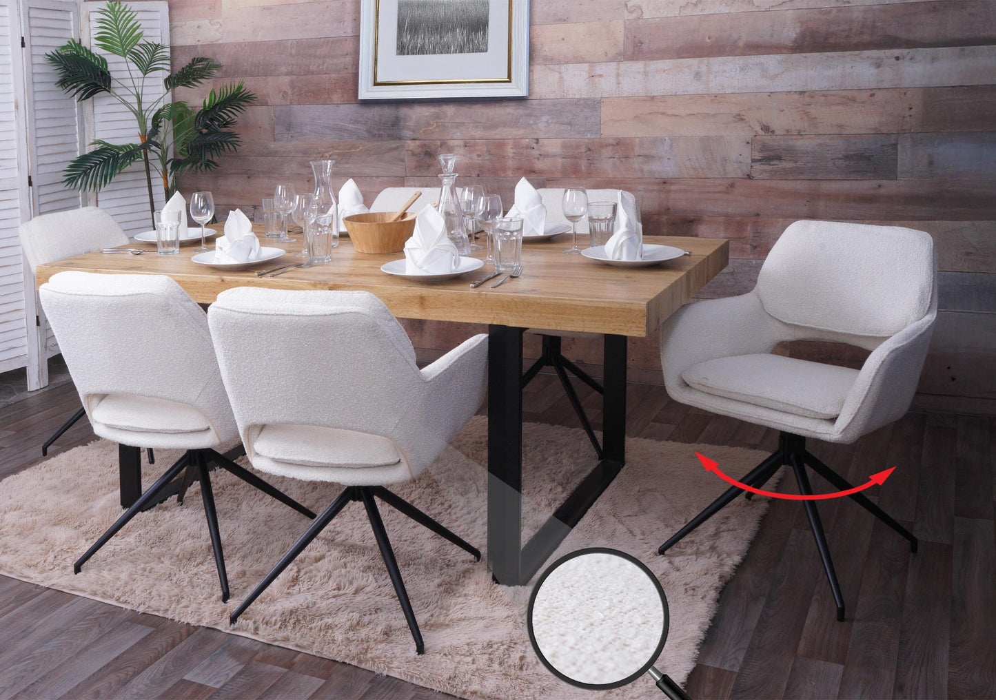 Cosmo Casa - Set van 6 Eetkamerstoelen - Keukenstoel - Draaibaar met Auto-Return - Boucle Stof - Crème