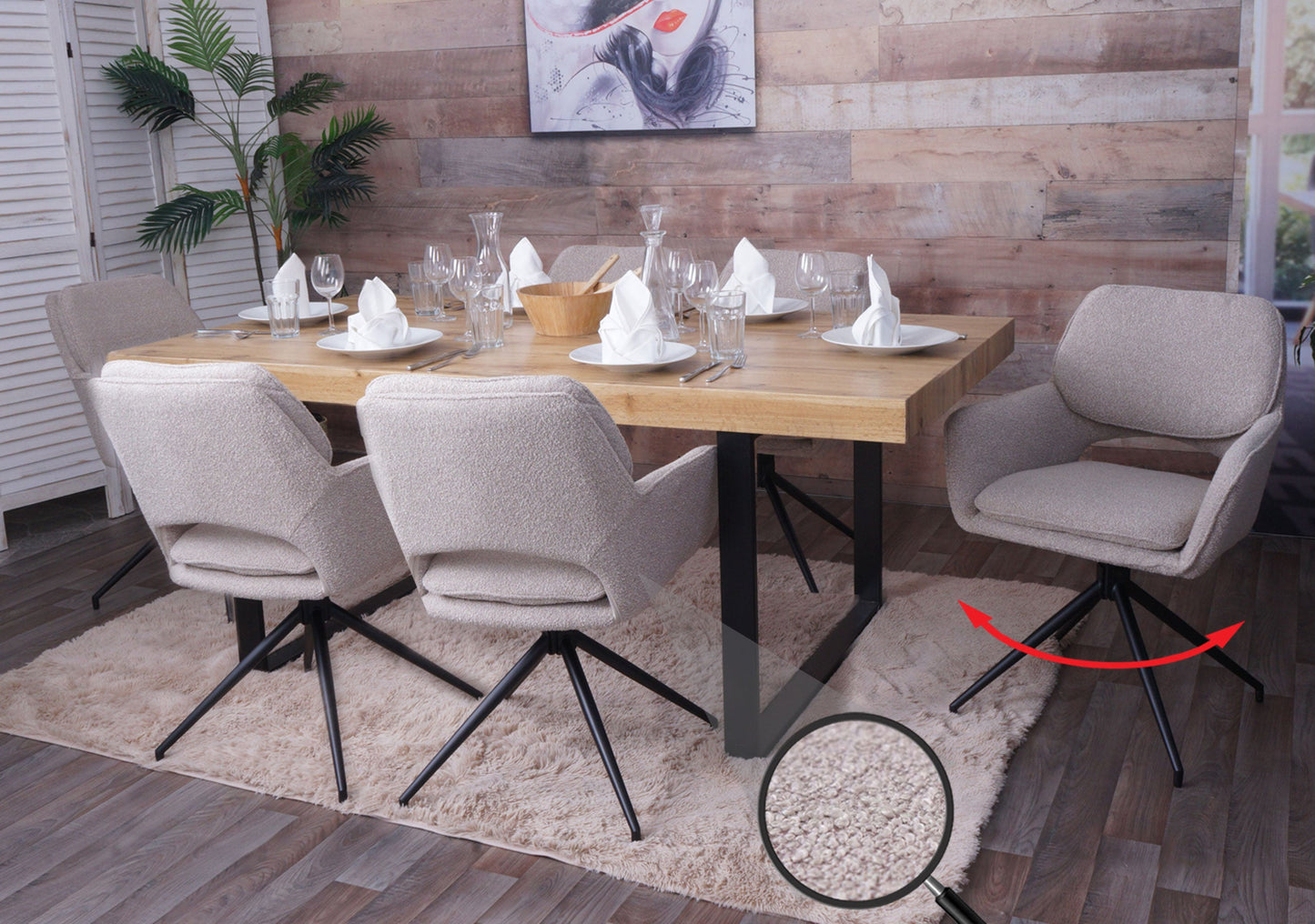 Cosmo Casa - Set van 6 Eetkamerstoelen - Keukenstoel - Draaibaar met Auto-Return - Boucle Stof - Beige