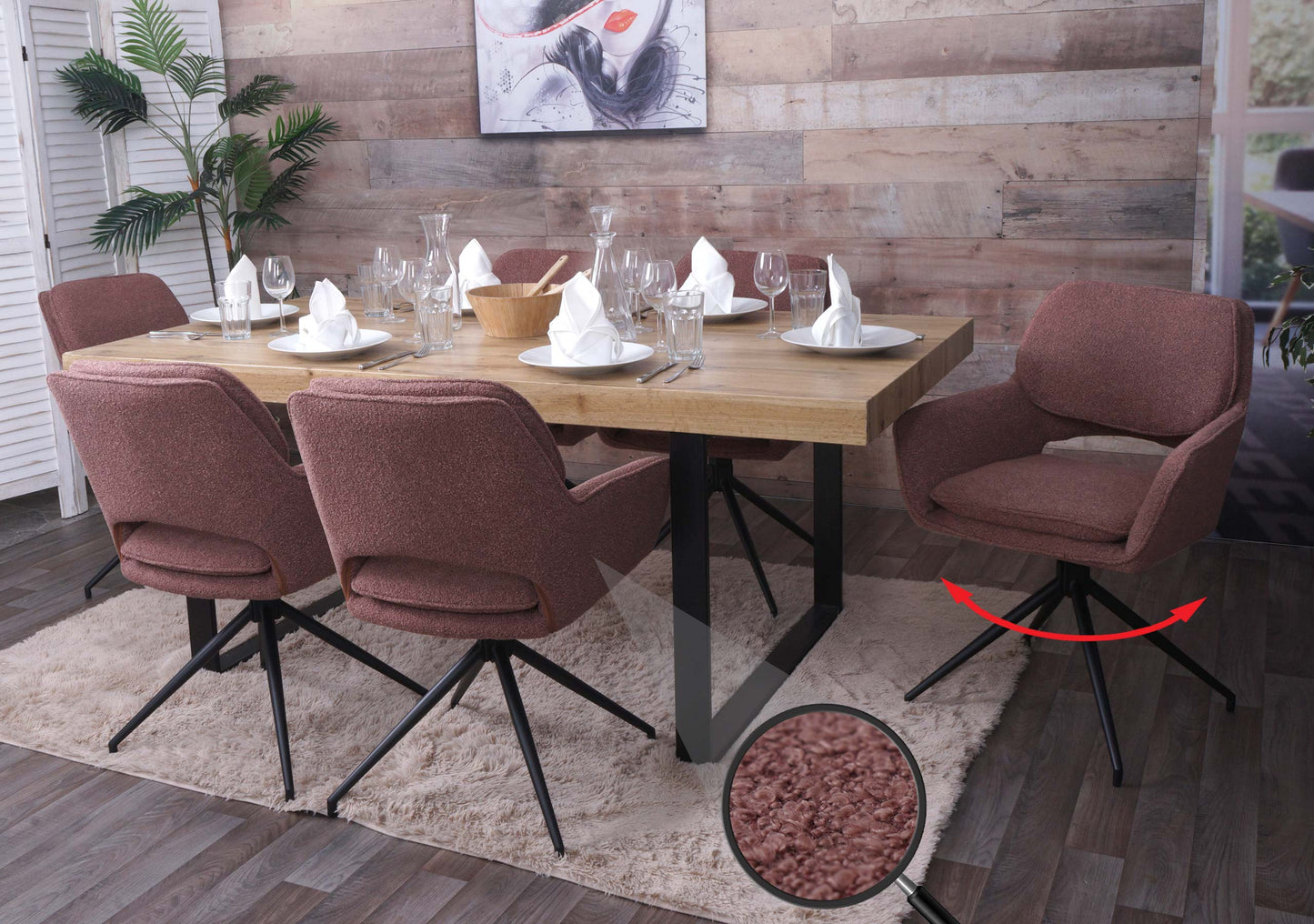 Cosmo Casa - Set van 6 Eetkamerstoelen - Keukenstoel - Draaibaar met Auto-Return - Boucle Stof - Lichtbruin