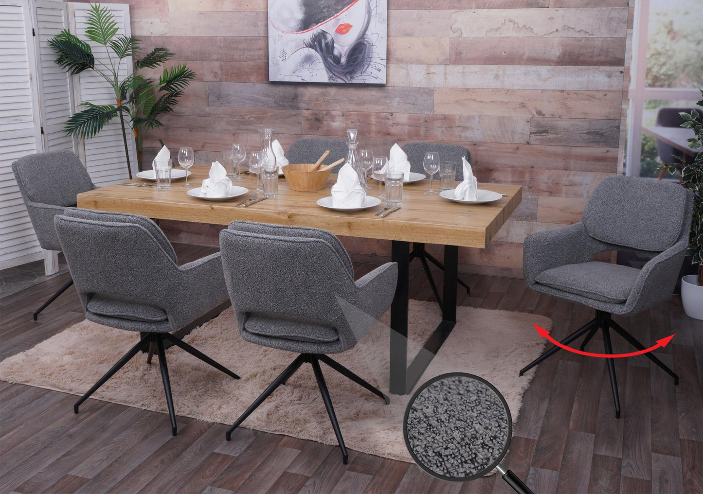 Cosmo Casa - Set van 6 Eetkamerstoelen - Keukenstoel - Draaibaar met Auto-Return - Boucle Stof - Grijs