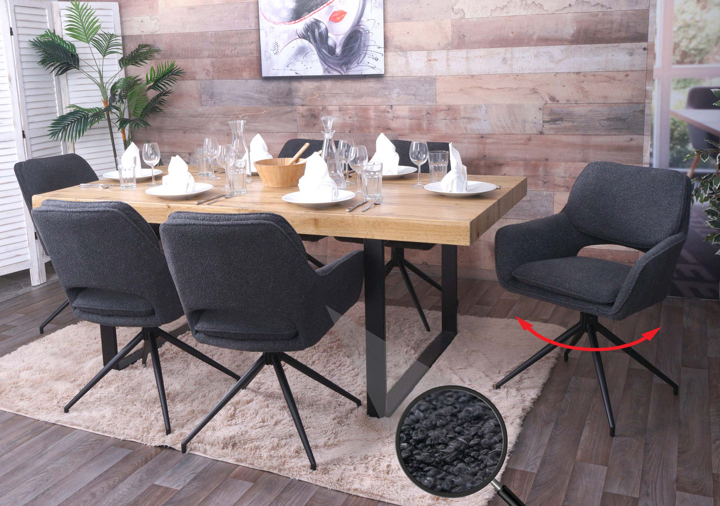 Cosmo Casa - Set van 6 Eetkamerstoelen - Keukenstoel - Draaibaar met Auto-Return - Boucle Stof - Donkergrijs