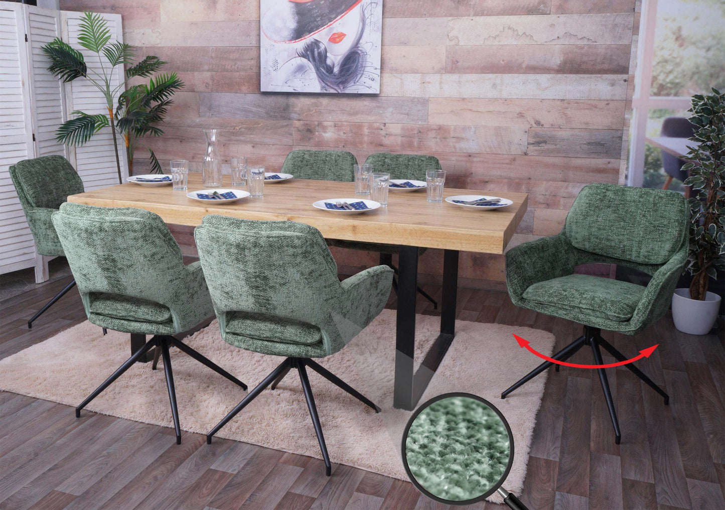 Cosmo Casa - Set van 6 Eetkamerstoelen - Keukenstoel - Draaibaar met Auto-Return - Chenille Stof - Groen