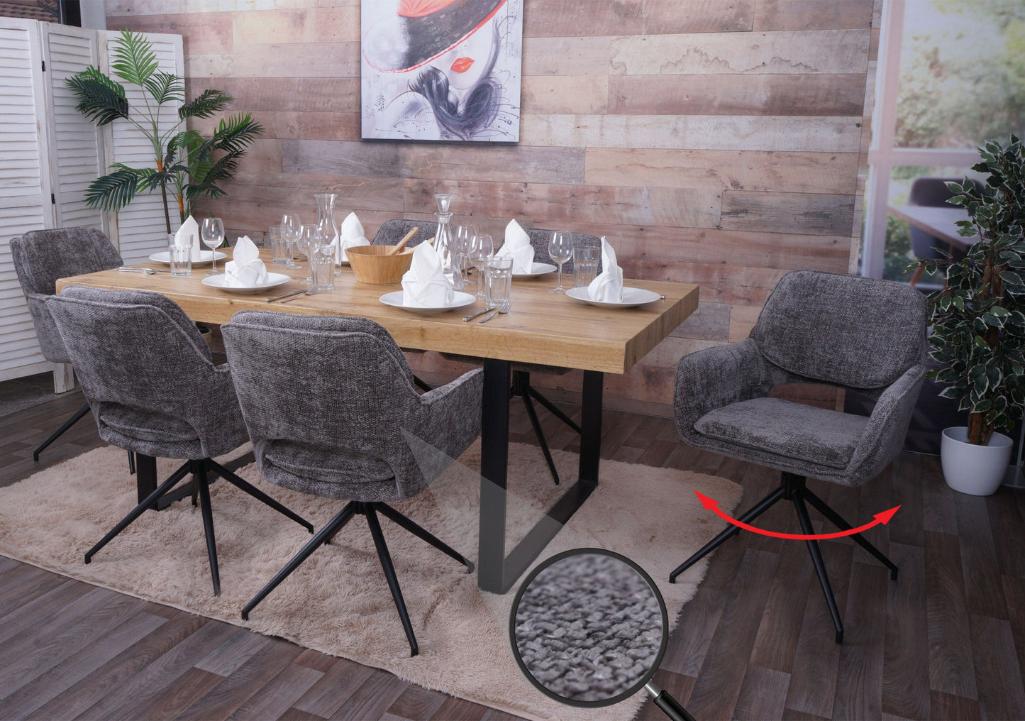 Cosmo Casa - Set van 6 Eetkamerstoelen - Keukenstoel - Draaibaar met Auto-Return - Chenille Stof - Donkergrijs