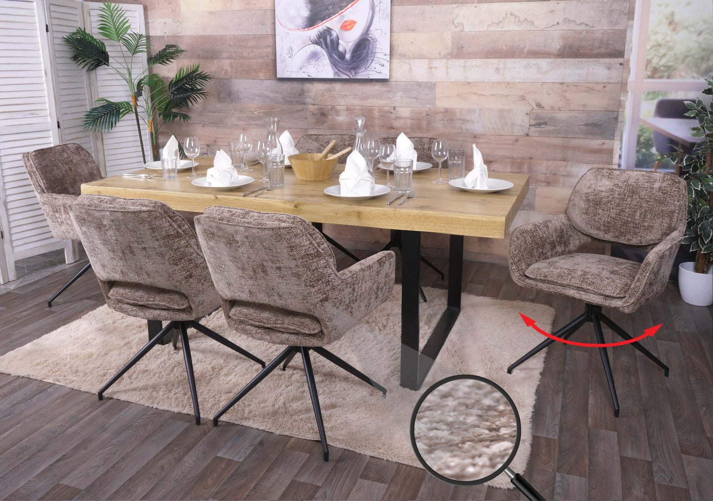 Cosmo Casa - Set van 6 Eetkamerstoelen - Keukenstoel - Draaibaar met Auto-Return - Chenille Stof - Bruin