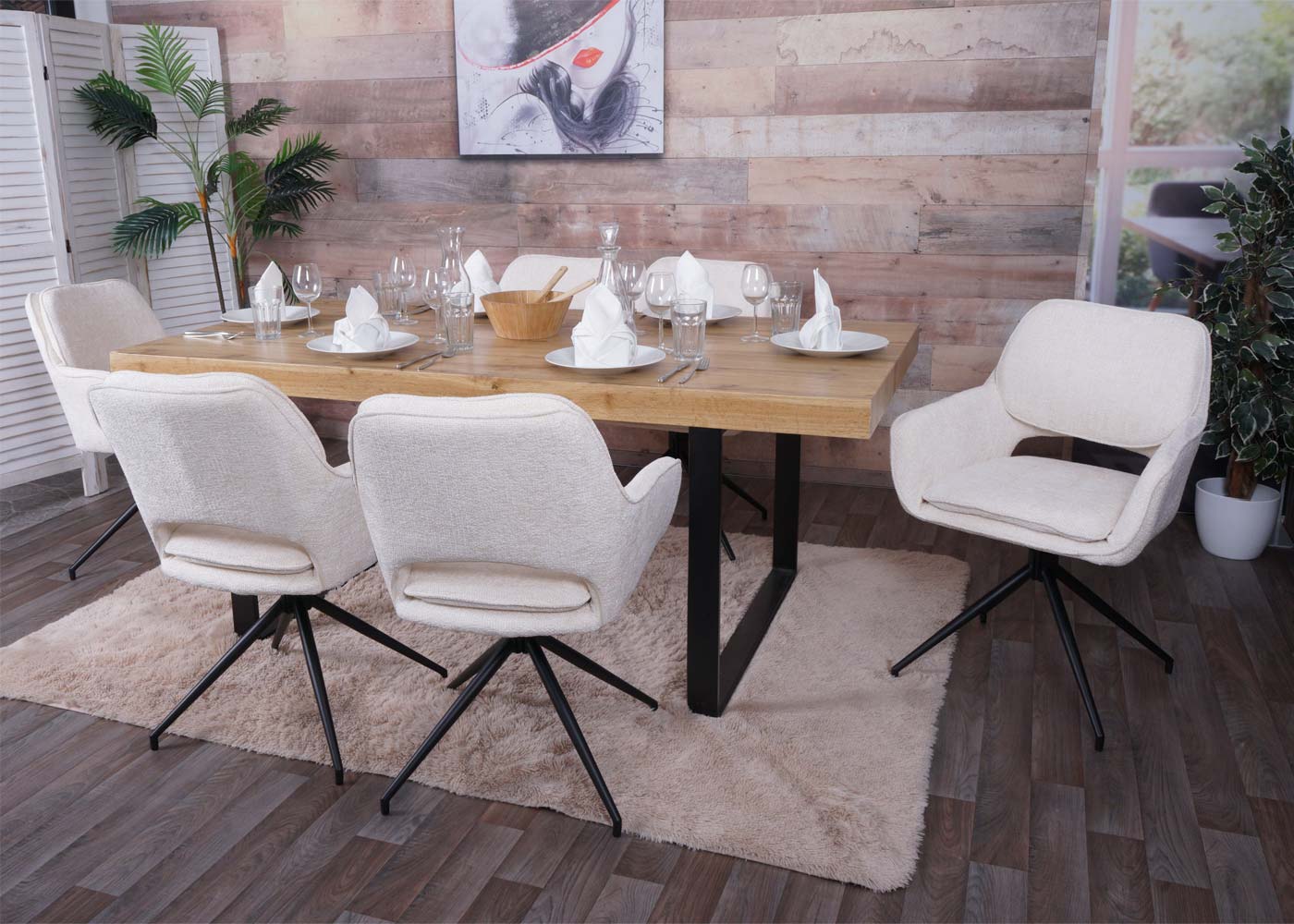 Cosmo Casa - Set van 6 Eetkamerstoelen - Keukenstoel - Draaibaar met Auto-Return - Chenille Stof - Crème