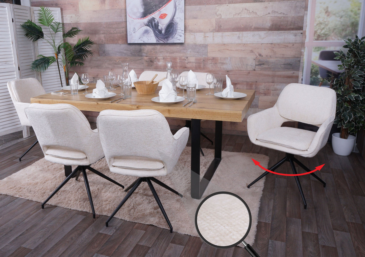 Cosmo Casa - Set van 6 Eetkamerstoelen - Keukenstoel - Draaibaar met Auto-Return - Chenille Stof - Crème