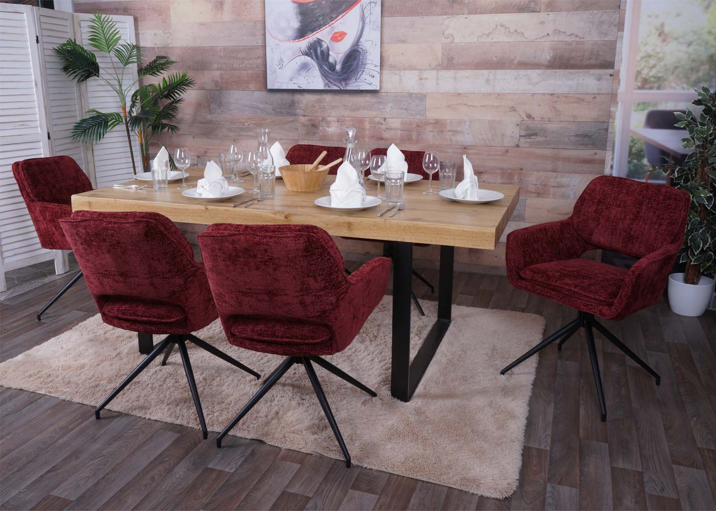 Cosmo Casa - Set van 6 Eetkamerstoelen - Keukenstoel - Draaibaar met Auto-Return - Chenille Stof - Bordeaux