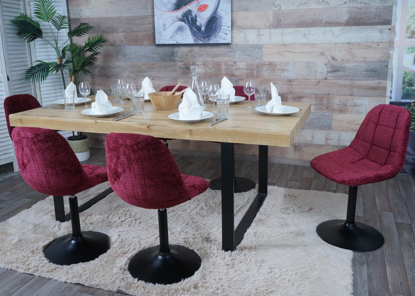 Cosmo Casa - Set van 6 Eetkamerstoelen - Keukenstoelen - Draaistoelen - Staal - Stoftextiel Chenille - 465gm - FSC - Bordeaux