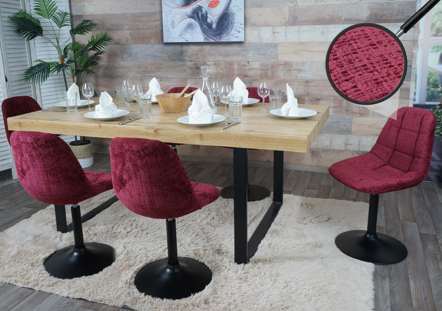 Cosmo Casa - Set van 6 Eetkamerstoelen - Keukenstoelen - Draaistoelen - Staal - Stoftextiel Chenille - 465gm - FSC - Bordeaux