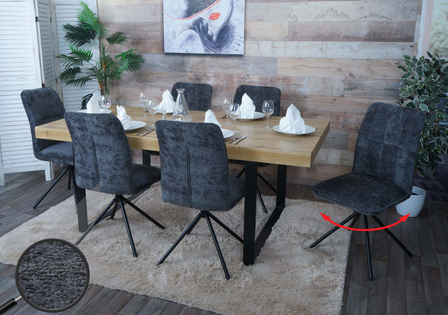 Cosmo Casa - Set van 6 Eetkamerstoelen - Draaibare Keukenstoel met Auto-Return - Chenille Textiel - Donkergrijs