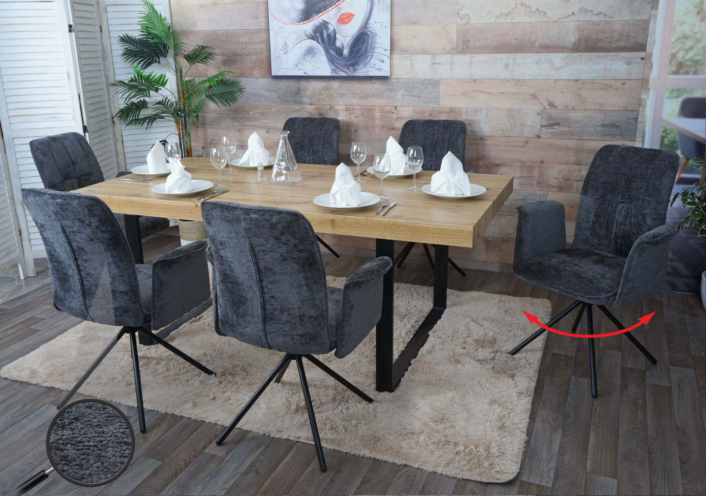 Cosmo Casa - Set van 6 Eetkamerstoelen - Roterende Armleuning met Auto-Return - Chenille Textiel - Donkergrijs