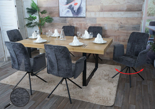 Cosmo Casa - Set van 6 Eetkamerstoelen - Roterende Armleuning met Auto-Return - Chenille Textiel - Donkergrijs