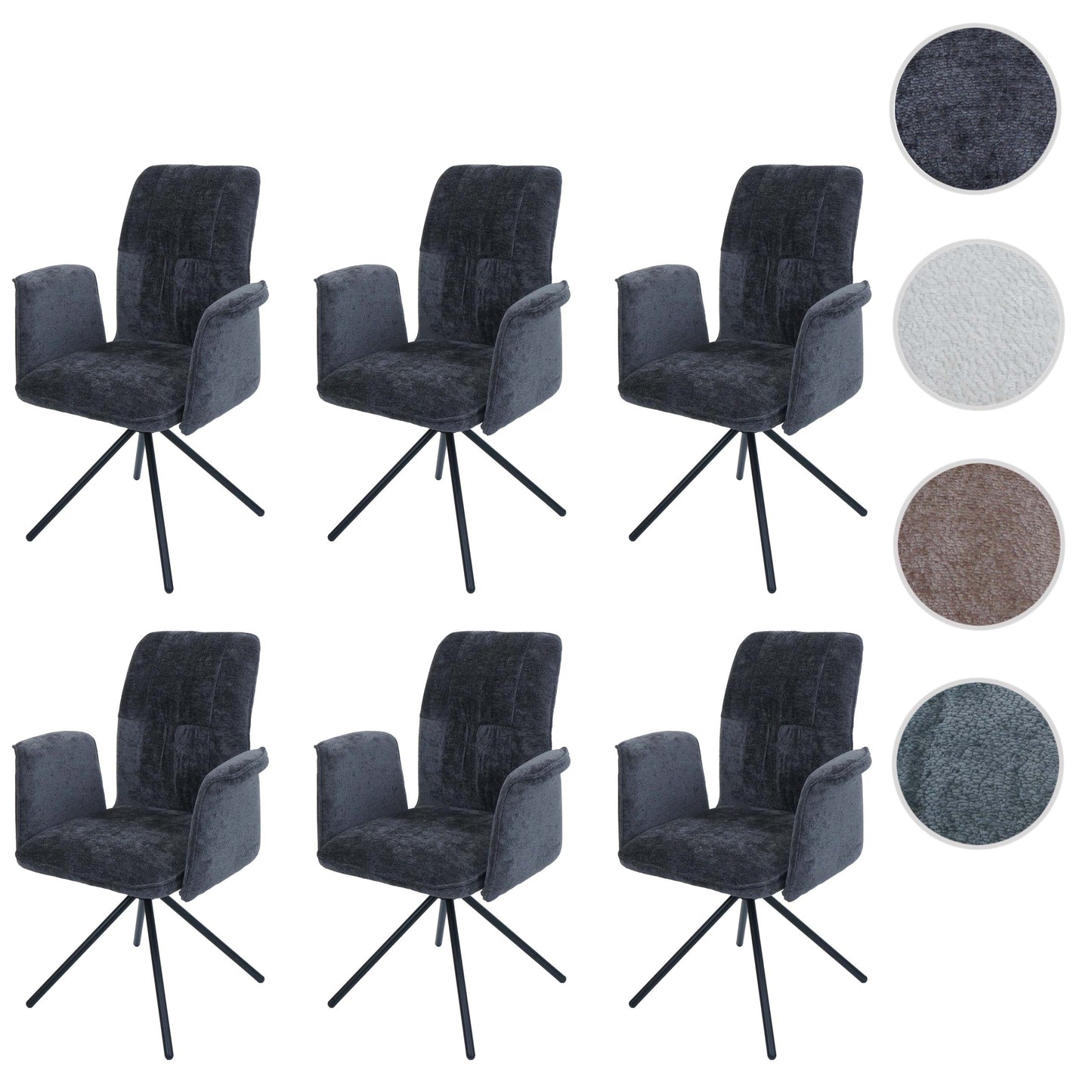 Cosmo Casa - Set van 6 Eetkamerstoelen - Roterende Armleuning met Auto-Return - Chenille Textiel - Donkergrijs