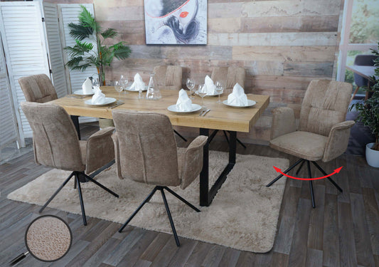 Cosmo Casa - Set van 6 Eetkamerstoelen - Roterende Armleuning met Auto-Return - Chenille Textiel - Lichtbruin