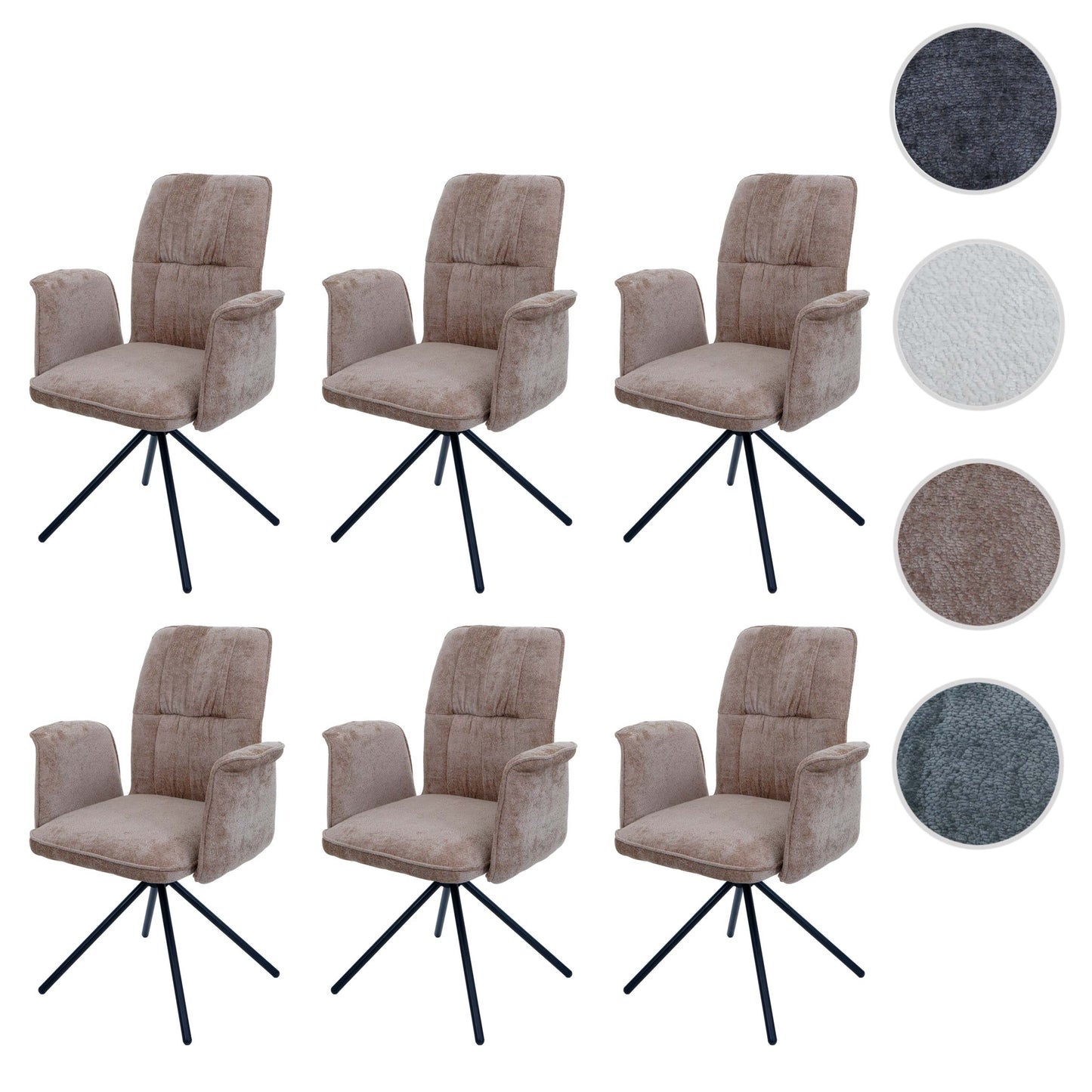 Cosmo Casa - Set van 6 Eetkamerstoelen - Roterende Armleuning met Auto-Return - Chenille Textiel - Lichtbruin