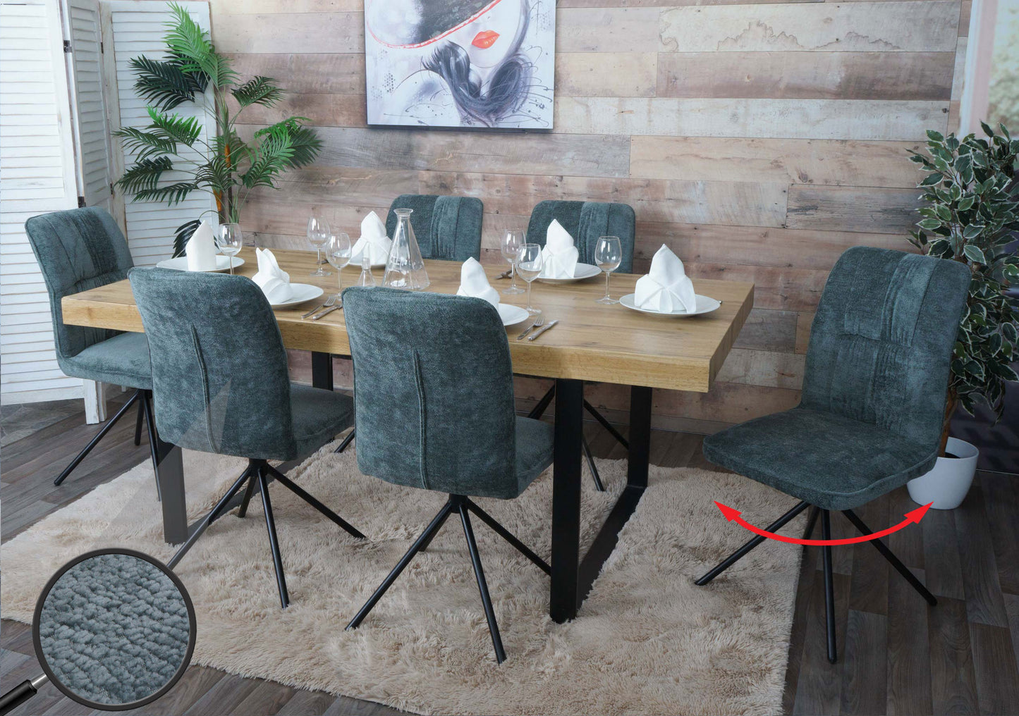 Cosmo Casa - Set van 6 Eetkamerstoelen - Draaibare Keukenstoel met Auto-Return - Chenille Textiel - Blauwgroen