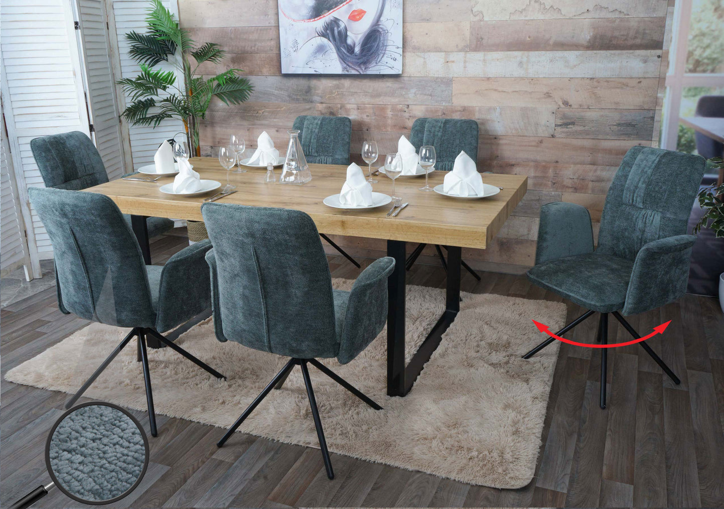 Cosmo Casa - Set van 6 Eetkamerstoelen - Roterende Armleuning met Auto-Return - Chenille Textiel - Blauwgroen