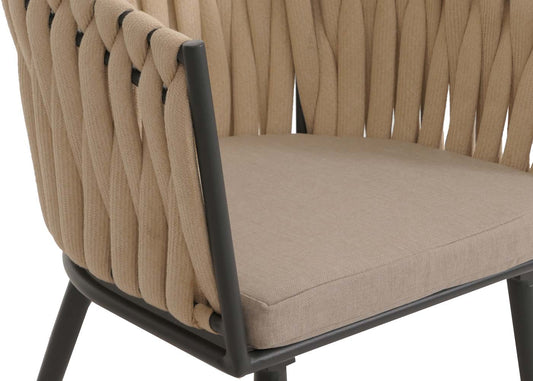 Cosmo Casa - Set van 6 Eetkamerstoelen - Binnenstoelen met Armleuning - Aluminium Frame - Olefin Touwgaas - Crème Kussen - Lichtbruin