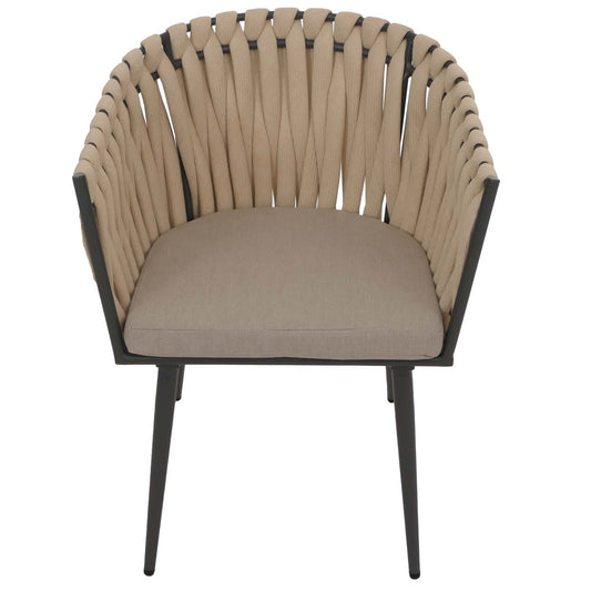 Cosmo Casa - Set van 6 Eetkamerstoelen - Binnenstoelen met Armleuning - Aluminium Frame - Olefin Touwgaas - Crème Kussen - Lichtbruin