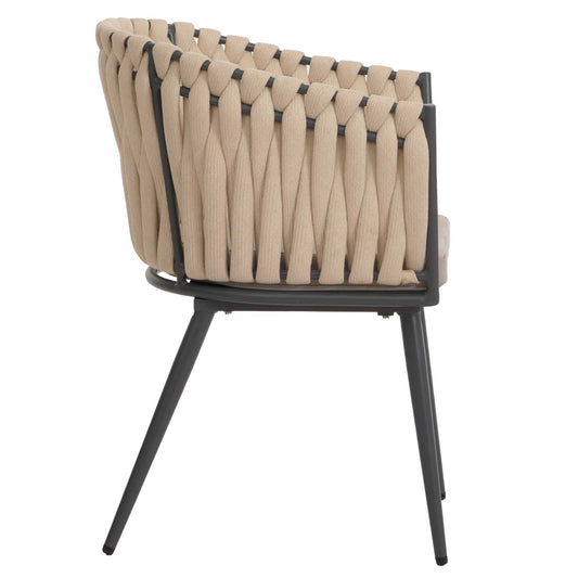 Cosmo Casa - Set van 6 Eetkamerstoelen - Binnenstoelen met Armleuning - Aluminium Frame - Olefin Touwgaas - Crème Kussen - Lichtbruin