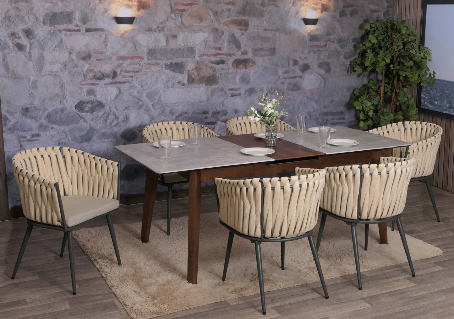 Cosmo Casa - Set van 6 Eetkamerstoelen - Binnenstoelen met Armleuning - Aluminium Frame - Olefin Touwgaas - Crème Kussen - Lichtbruin