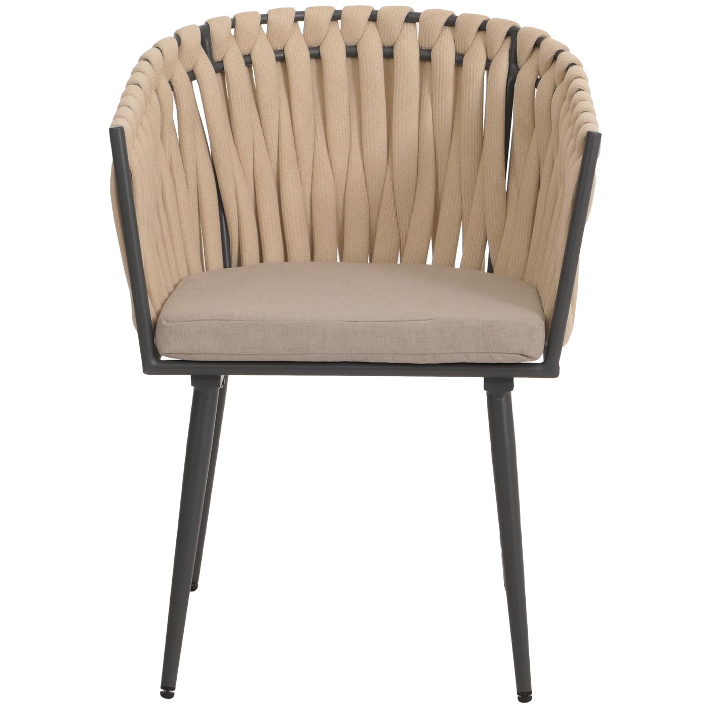 Cosmo Casa - Set van 6 Eetkamerstoelen - Binnenstoelen met Armleuning - Aluminium Frame - Olefin Touwgaas - Crème Kussen - Lichtbruin