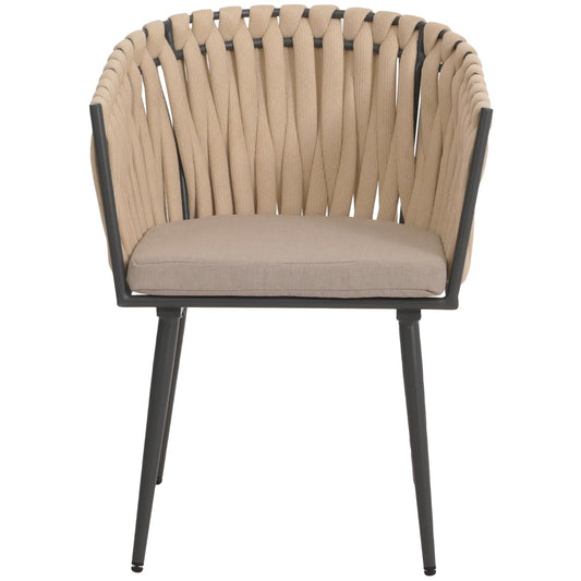 Cosmo Casa - Set van 6 Eetkamerstoelen - Binnenstoelen met Armleuning - Aluminium Frame - Olefin Touwgaas - Crème Kussen - Lichtbruin