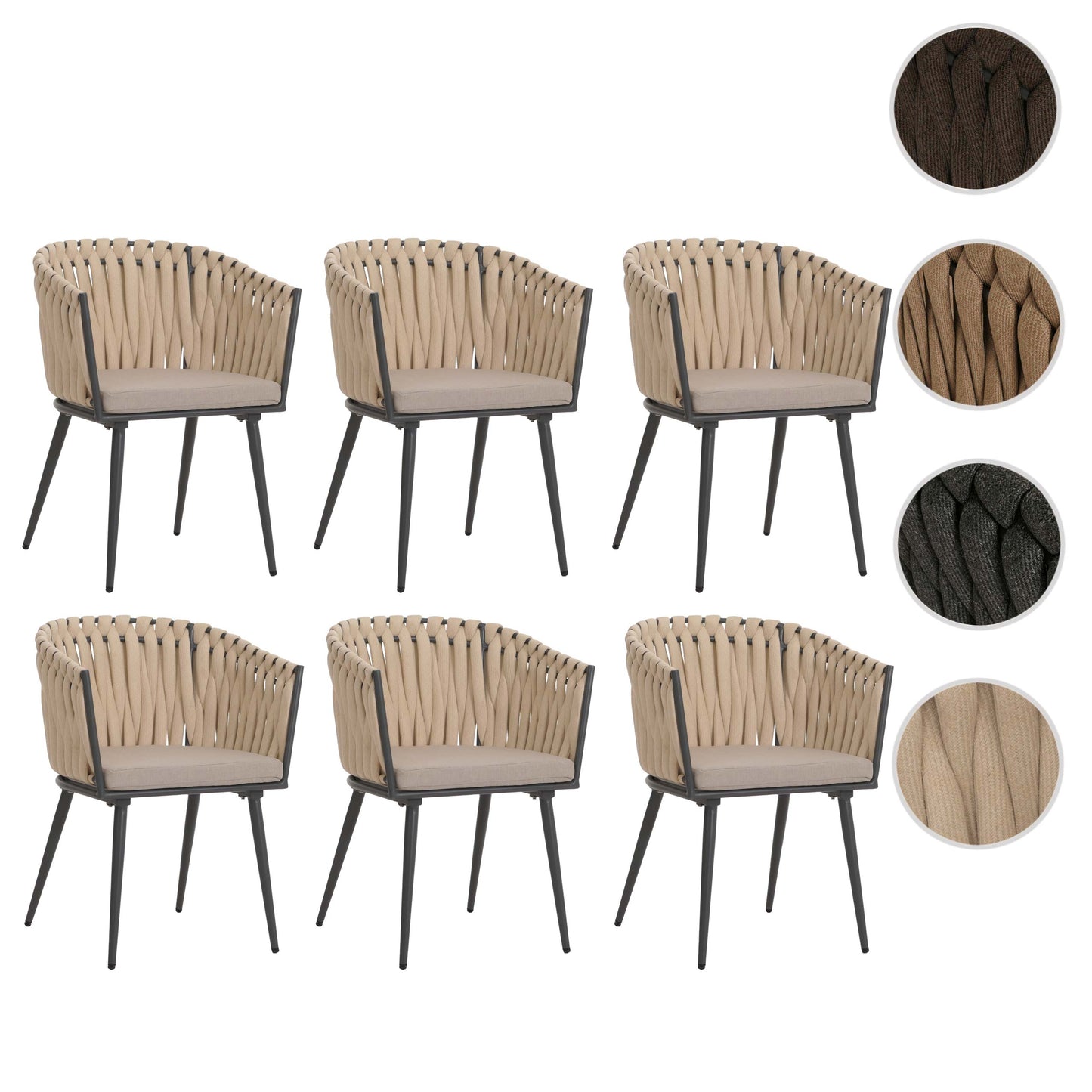 Cosmo Casa - Set van 6 Eetkamerstoelen - Binnenstoelen met Armleuning - Aluminium Frame - Olefin Touwgaas - Crème Kussen - Lichtbruin