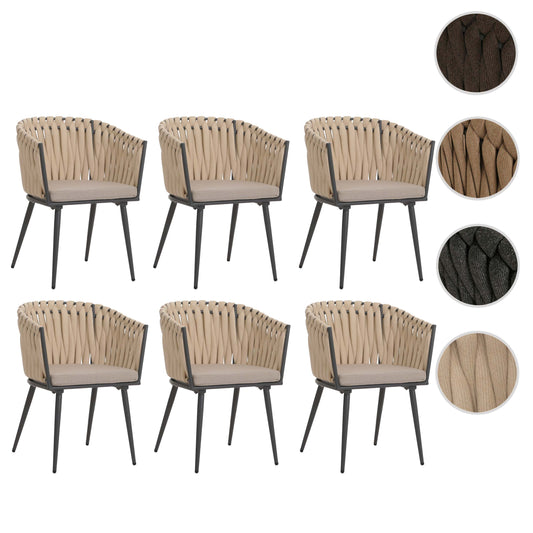 Cosmo Casa - Set van 6 Eetkamerstoelen - Binnenstoelen met Armleuning - Aluminium Frame - Olefin Touwgaas - Crème Kussen - Lichtbruin