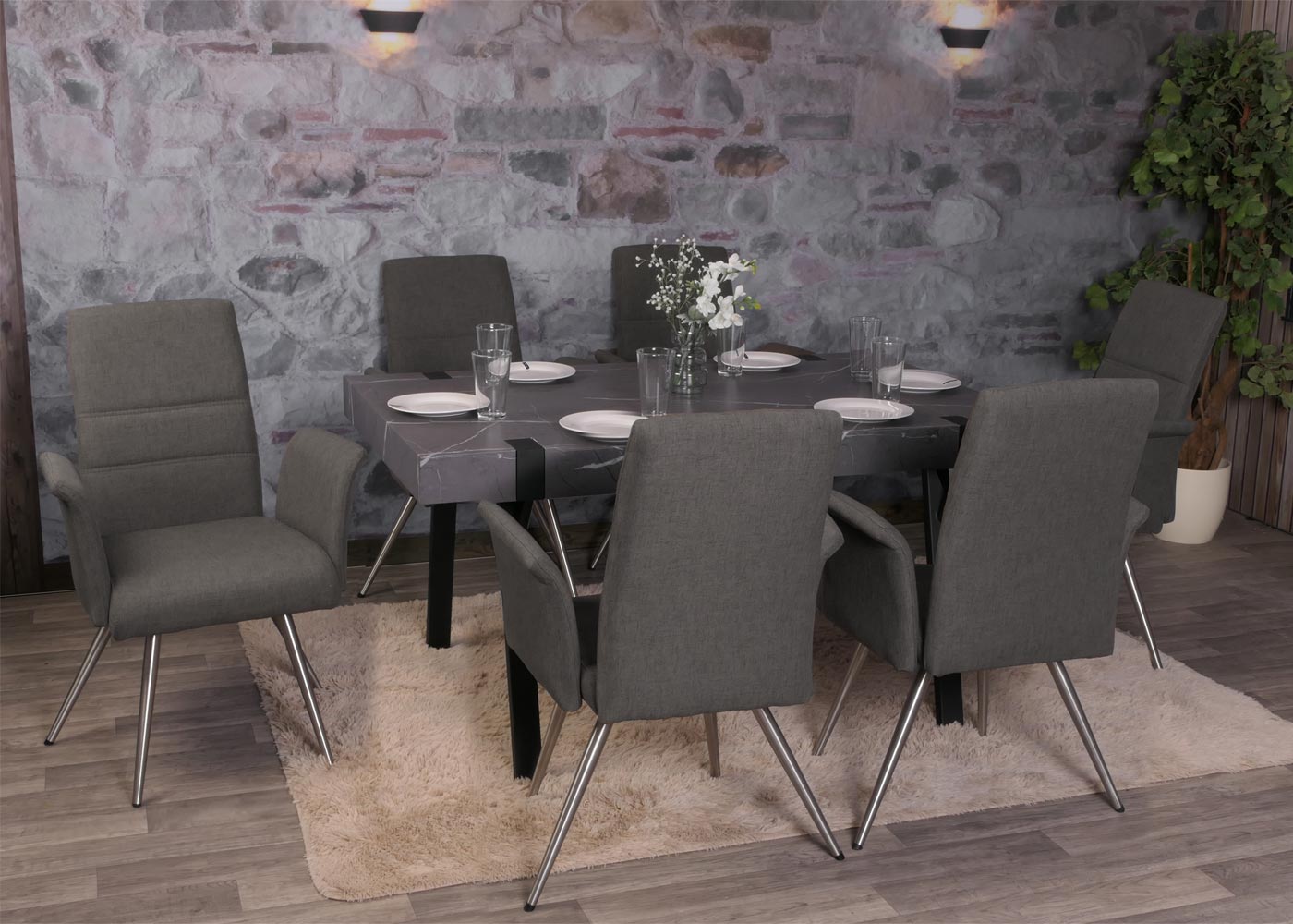 Cosmo Casa - Set van 6 Eetkamerstoelen - Armleuningen - Stof & Textiel - Grijsbruin