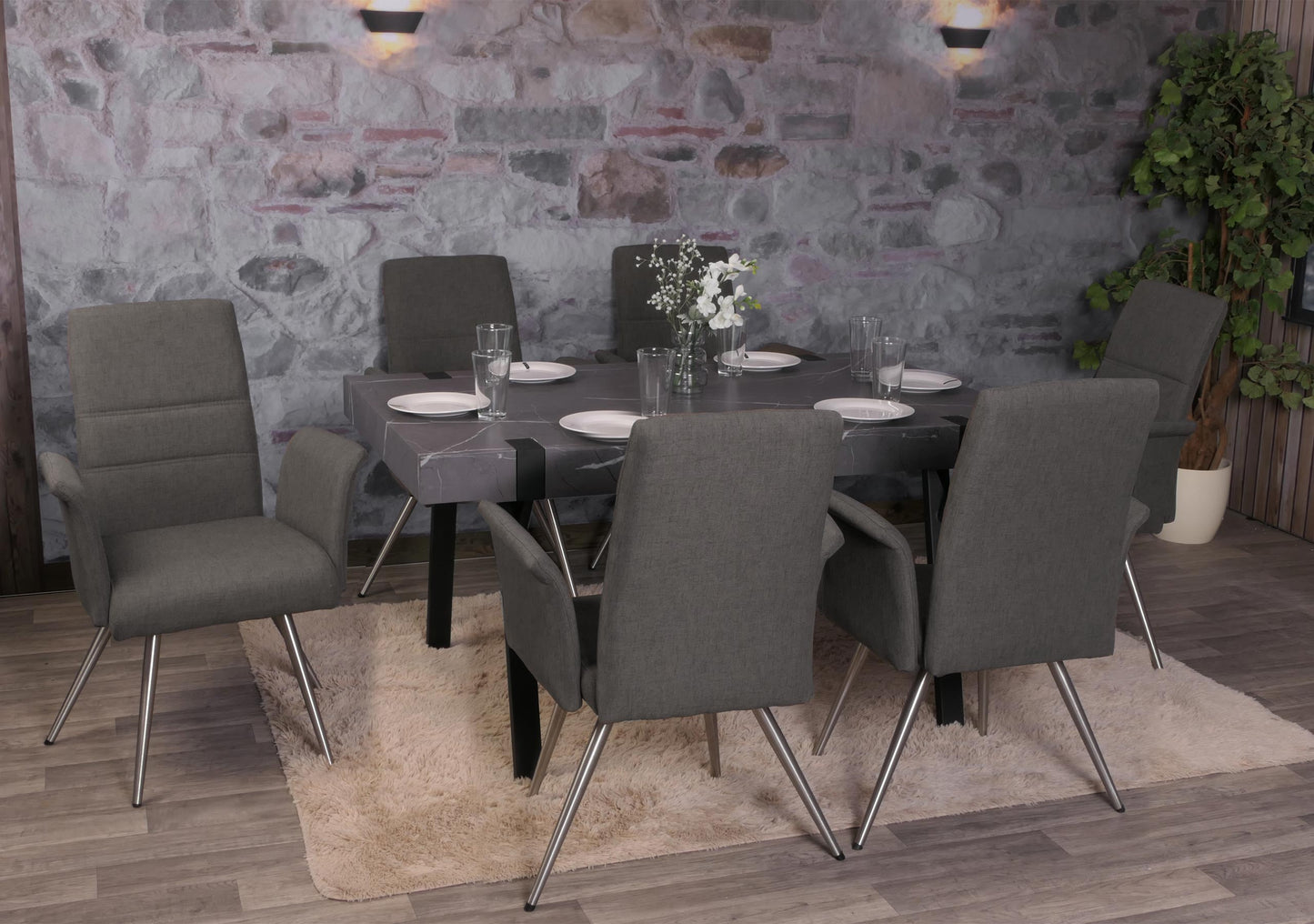 Cosmo Casa - Set van 6 Eetkamerstoelen - Armleuningen - Stof & Textiel - Grijsbruin