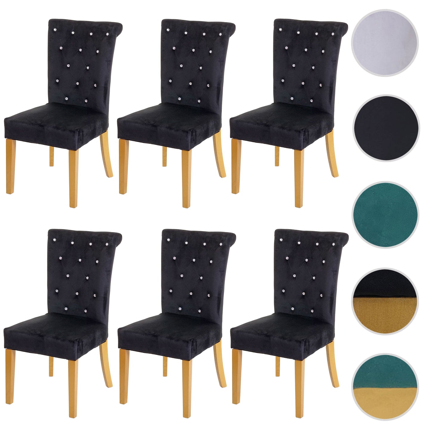 Cosmo Casa - Set van 6 Eetkamerstoelen - Fluweel - Textiel - Zwart - Goudkleurige poten