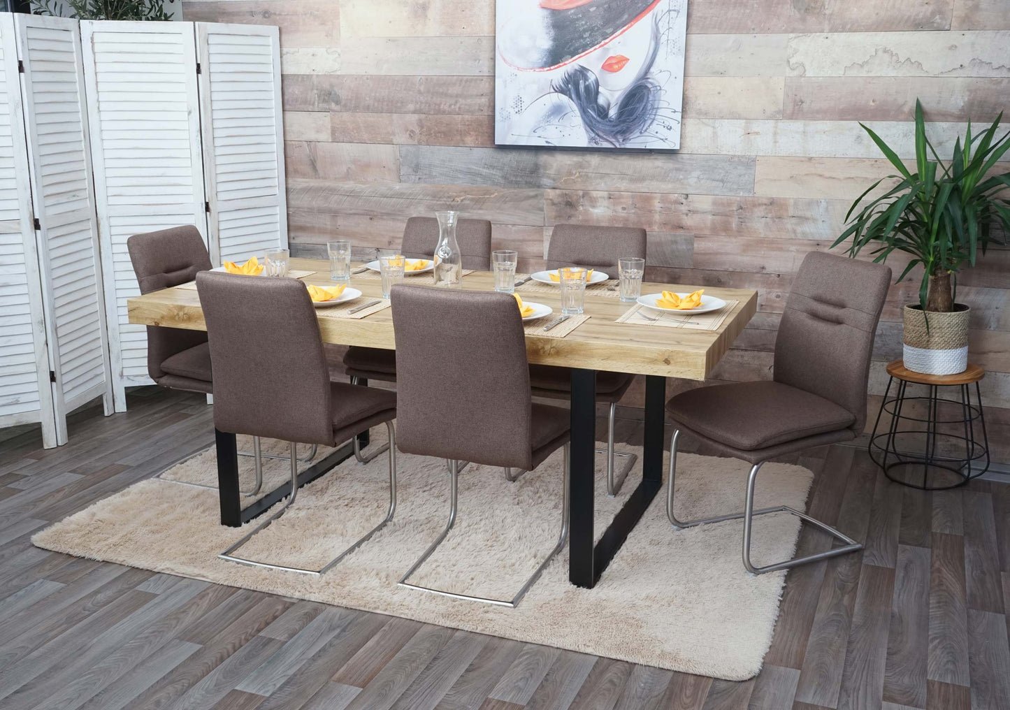 Cosmo Casa - Set van 6 Eetkamerstoelen - Cantilever - Textiel & Roestvrij staal - Bruin