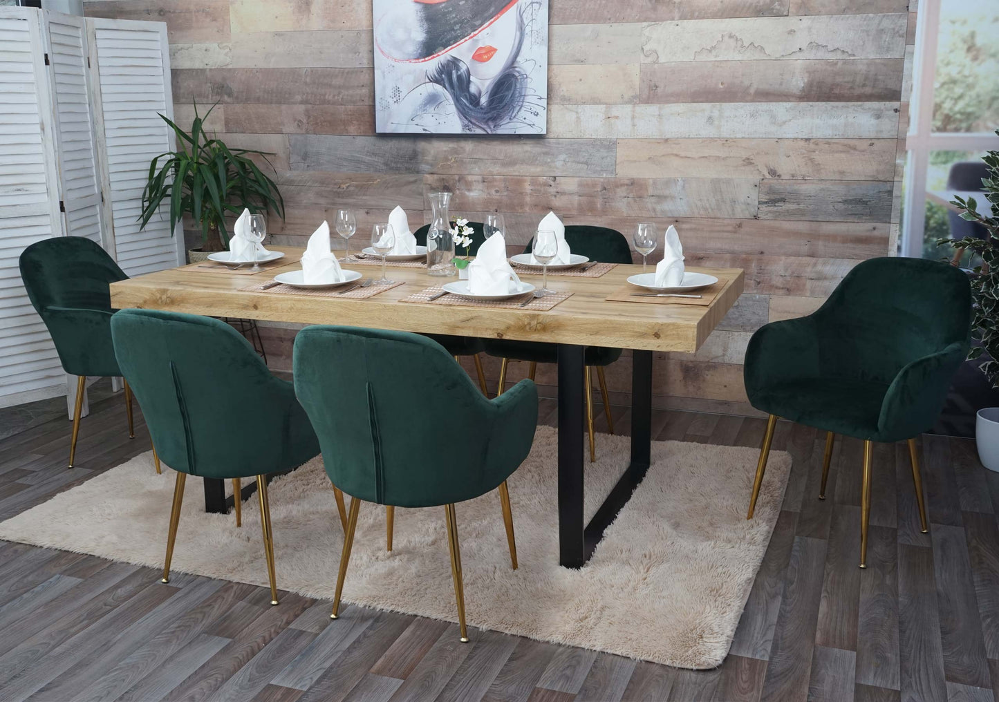 Cosmo Casa - Set van 6 Eetkamerstoelen - Retrodesign - Groen Fluweel met Gouden Poten