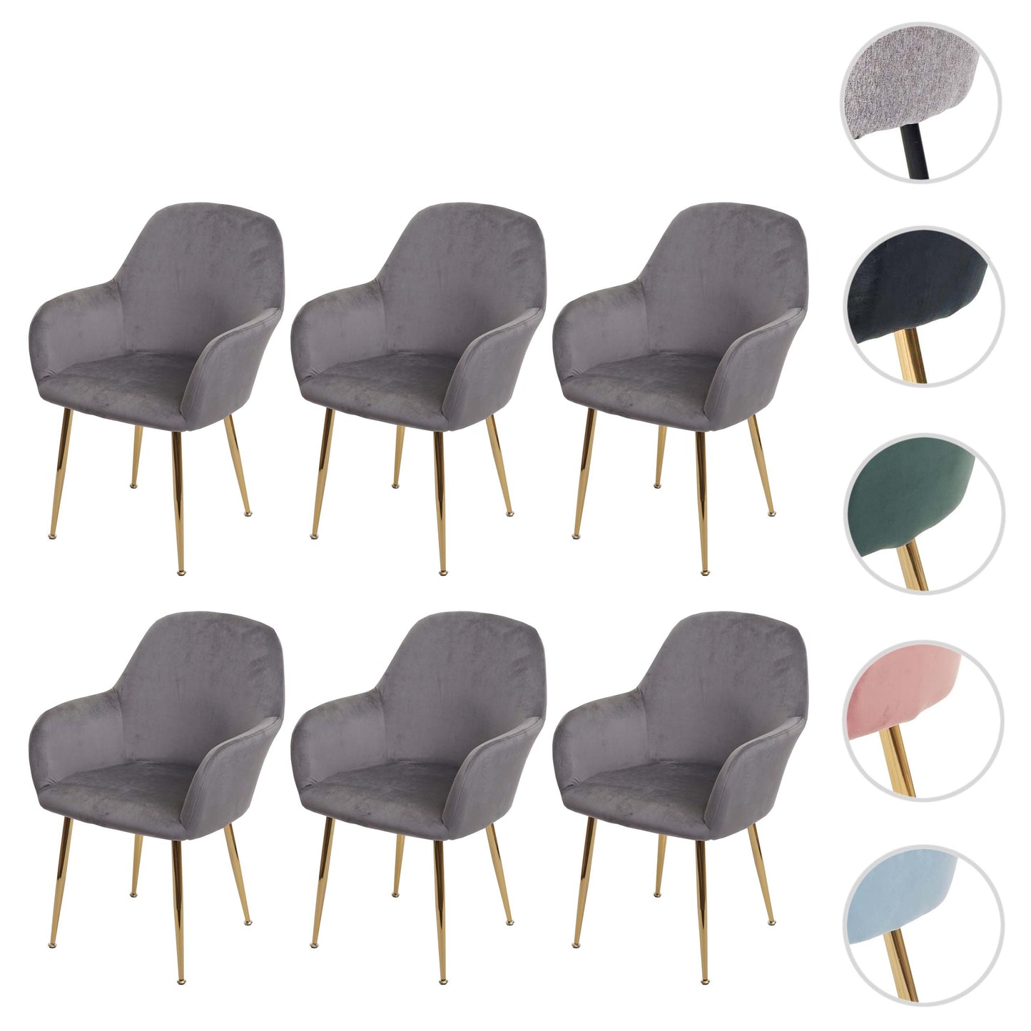 Cosmo Casa - Set van 6 Eetkamerstoelen - Retro - Fluweel - Lichtgrijs