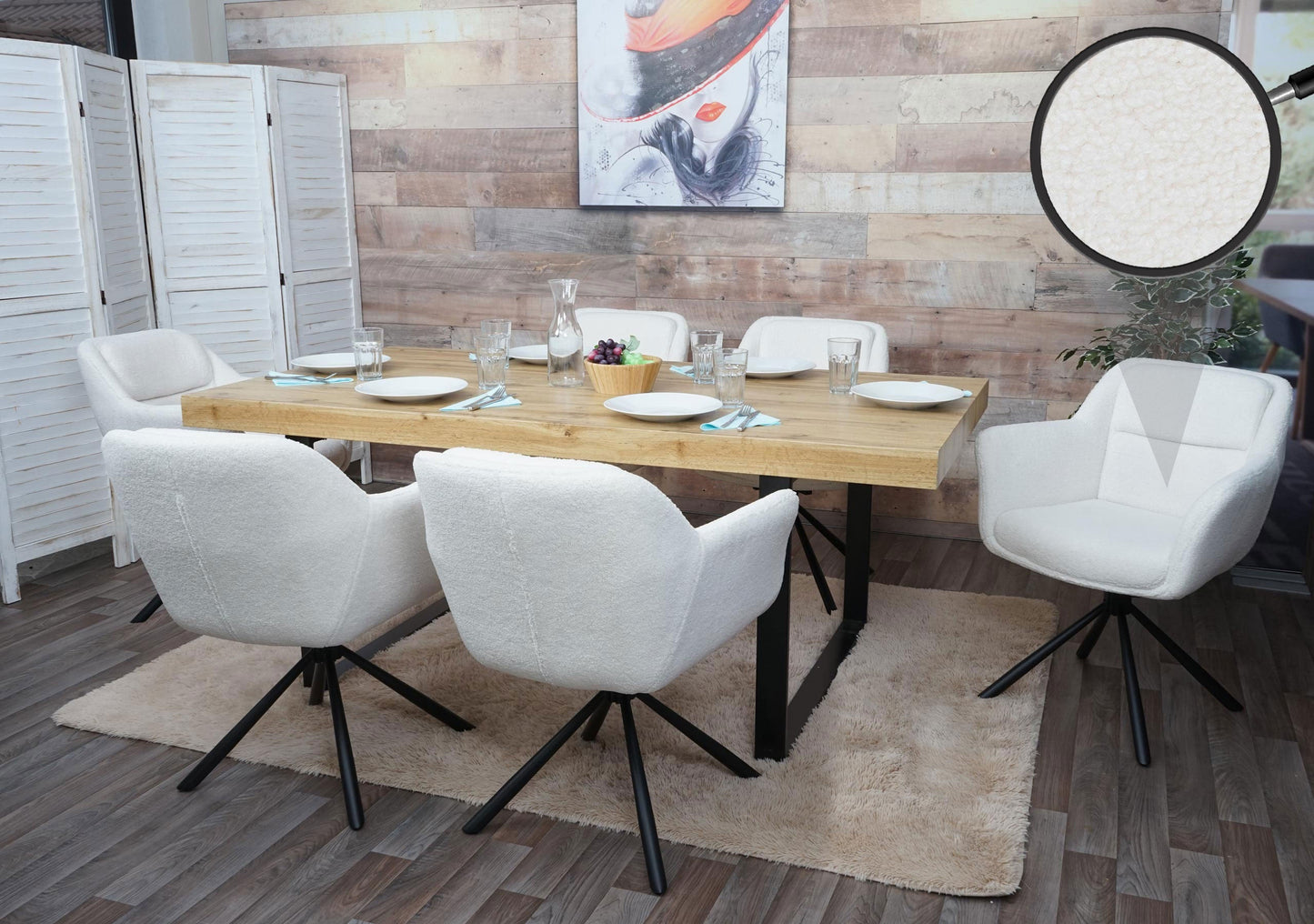 Cosmo Casa - Set van 6 Eetkamerstoelen - Draaibaar - Bouclé - Wit