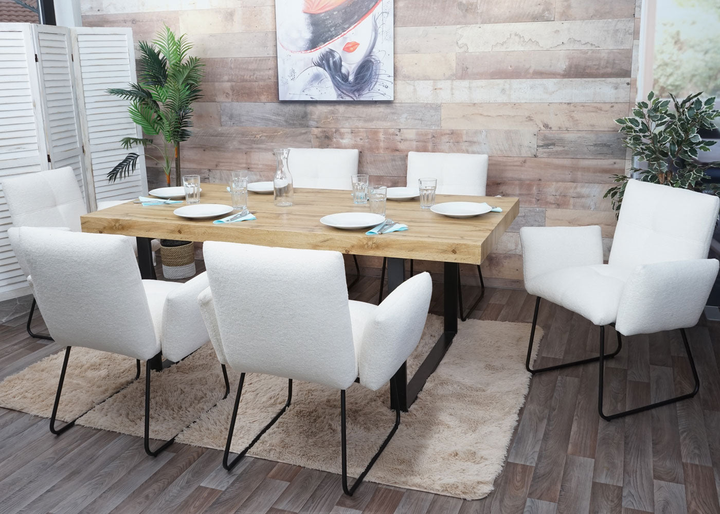 Cosmo Casa - Set van 6 Eetkamerstoelen - Armleuning - Bouclé - Wit