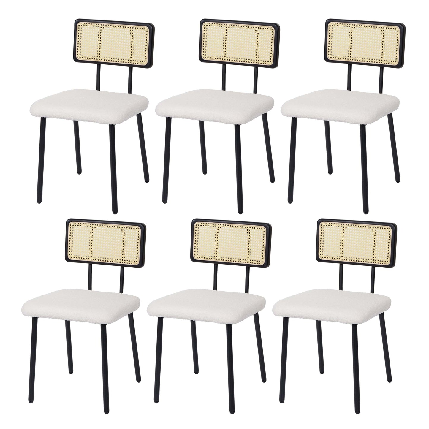 Cosmo Casa - Set van 6 Eetkamerfauteuils - Hout, Polyrotan & Metaal - Bouclé Textiel - Wit