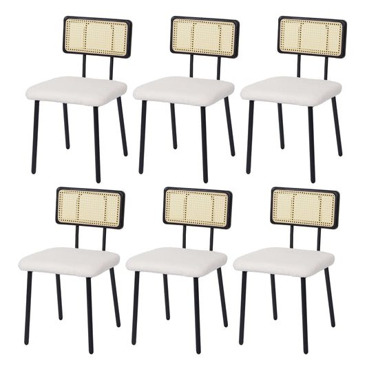 Cosmo Casa - Set van 6 Eetkamerfauteuils - Hout, Polyrotan & Metaal - Bouclé Textiel - Wit