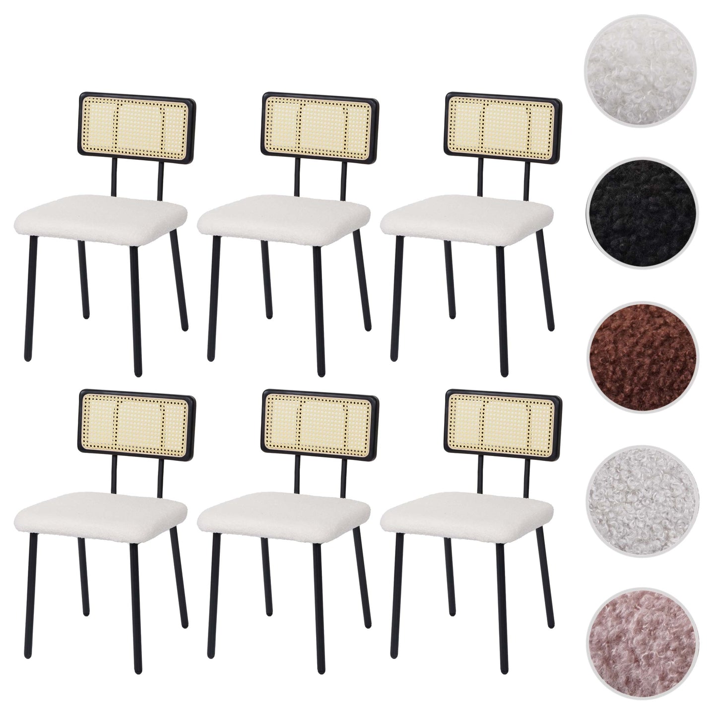 Cosmo Casa - Set van 6 Eetkamerfauteuils - Hout, Polyrotan & Metaal - Bouclé Textiel - Wit