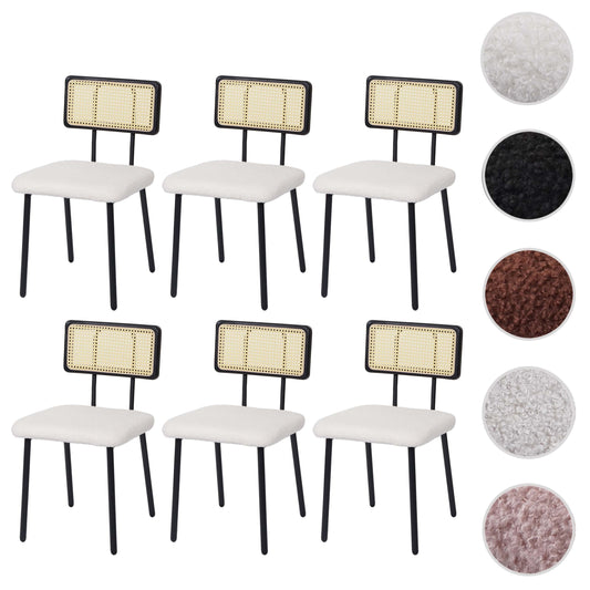 Cosmo Casa - Set van 6 Eetkamerfauteuils - Hout, Polyrotan & Metaal - Bouclé Textiel - Wit