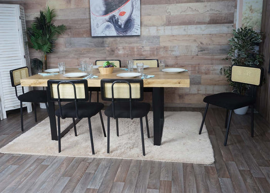 Cosmo Casa - Set van 6 Eetkamerfauteuils - Hout, Polyrotan & Metaal - Bouclé Textiel - Zwart