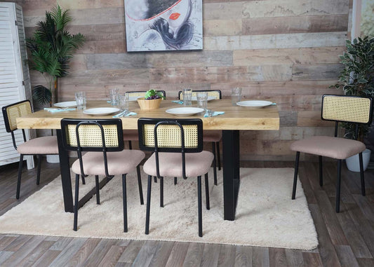 Cosmo Casa - Set van 6 Eetkamerfauteuils - Hout, Polyrotan & Metaal - Bouclé Textiel - Roze