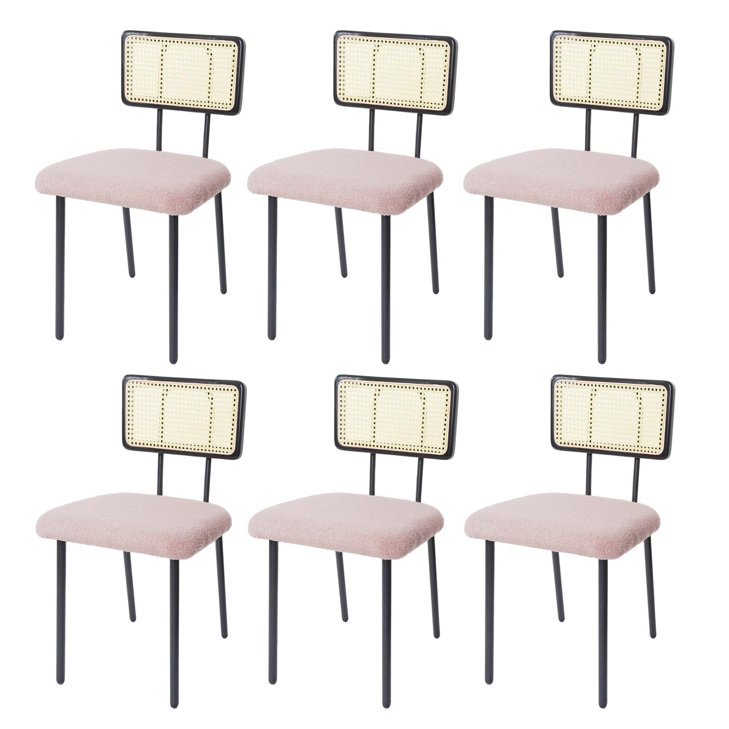 Cosmo Casa - Set van 6 Eetkamerfauteuils - Hout, Polyrotan & Metaal - Bouclé Textiel - Roze