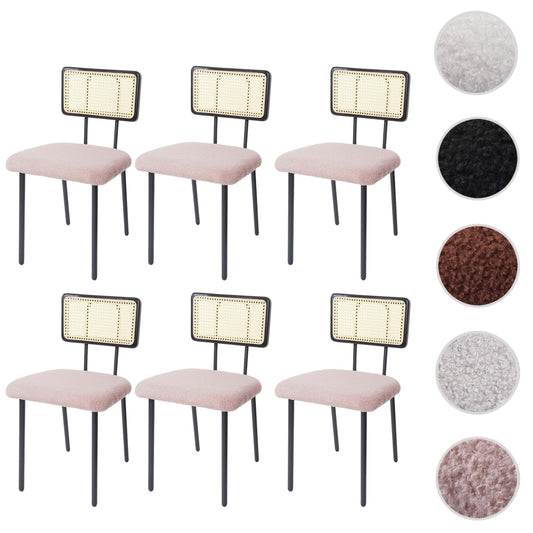 Cosmo Casa - Set van 6 Eetkamerfauteuils - Hout, Polyrotan & Metaal - Bouclé Textiel - Roze