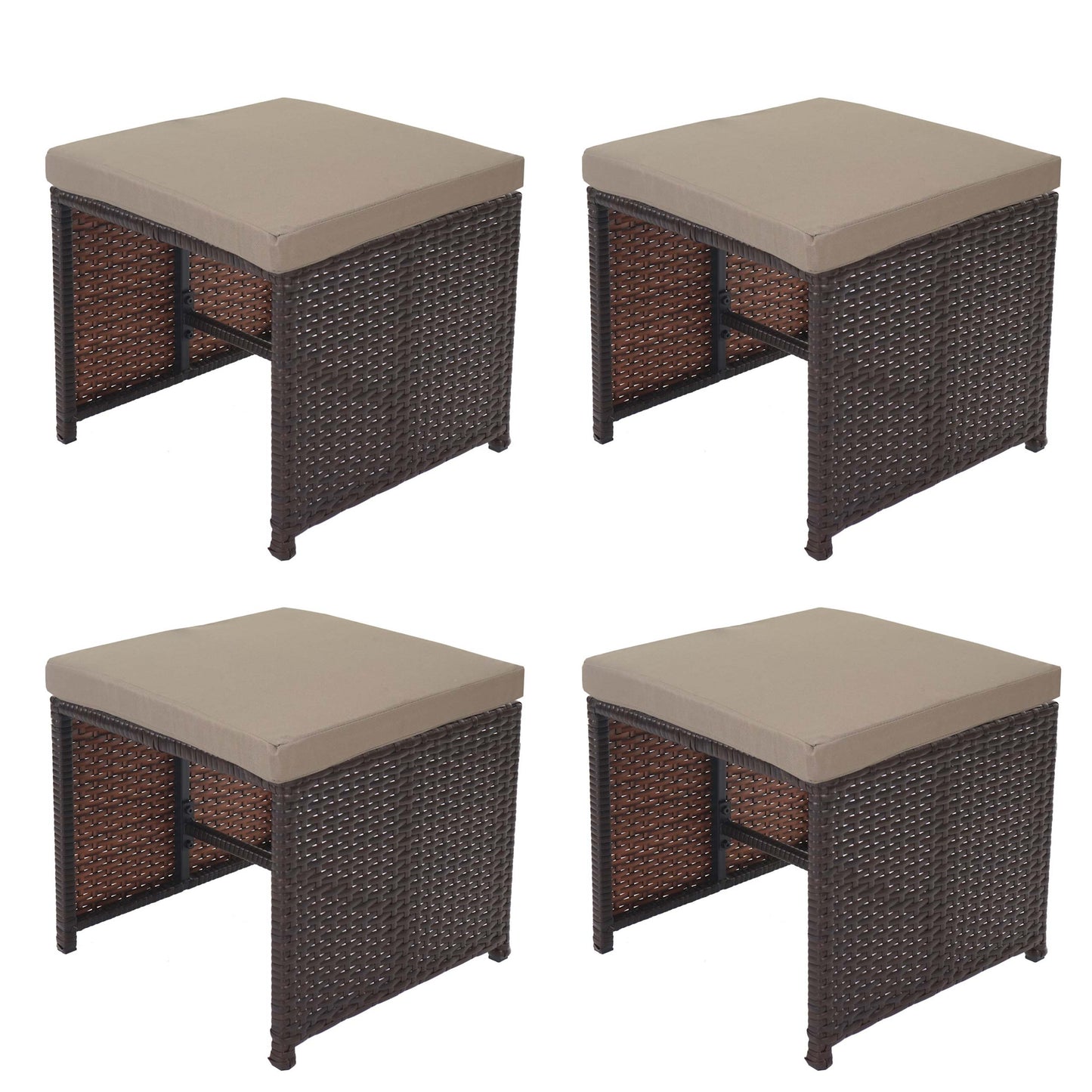 Cosmo Casa - Set van 4 Tuinkrukjes - Crete Poly Rattan Krukjes met Kussens - Rattan en Textiel - Bruin en Beige