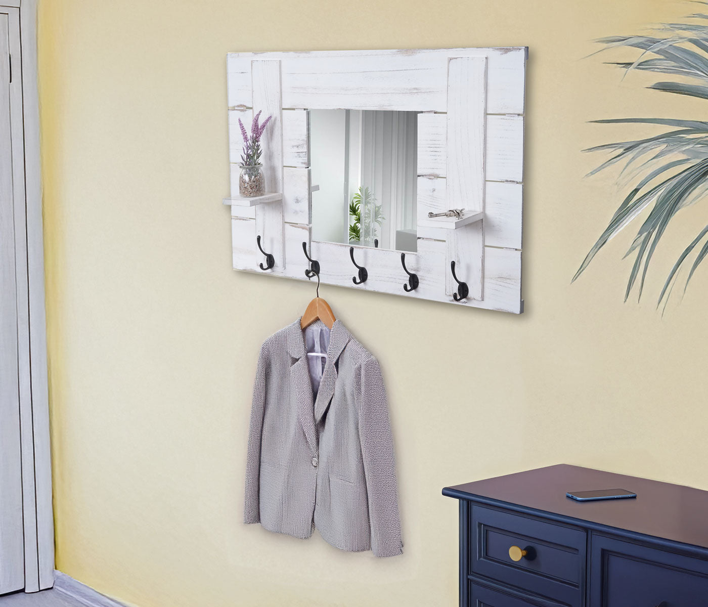 Cosmo Casa - Wandkapstokpaneel - Met spiegel - Hout - Donkergrijs - 90×60 cm